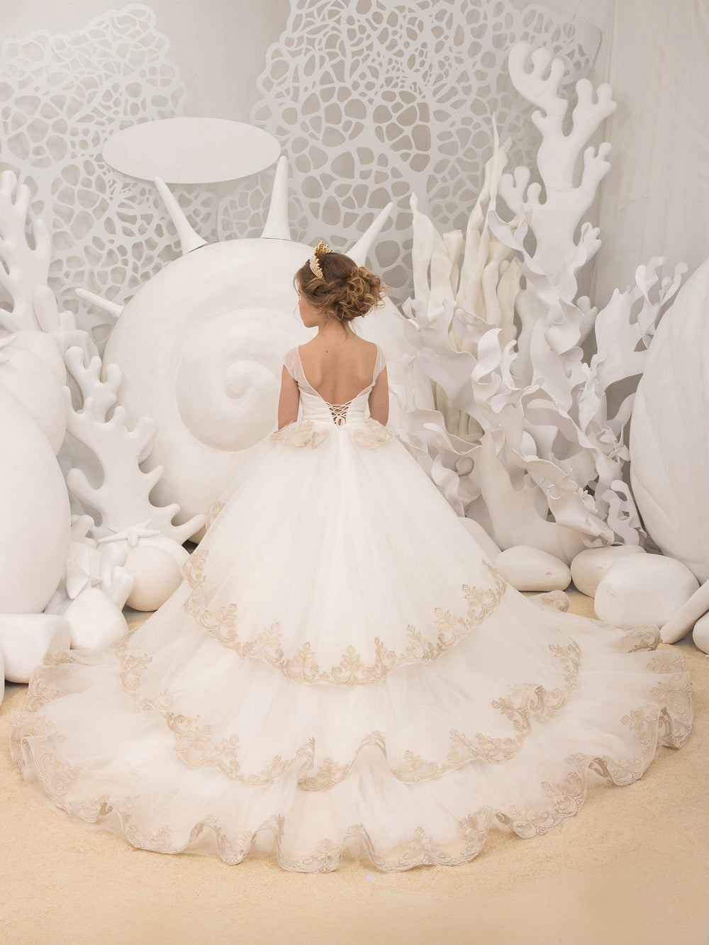 Sunnpetal White Multi-Layered Gold Embroidered Tulle Flower Girl Dress with Train