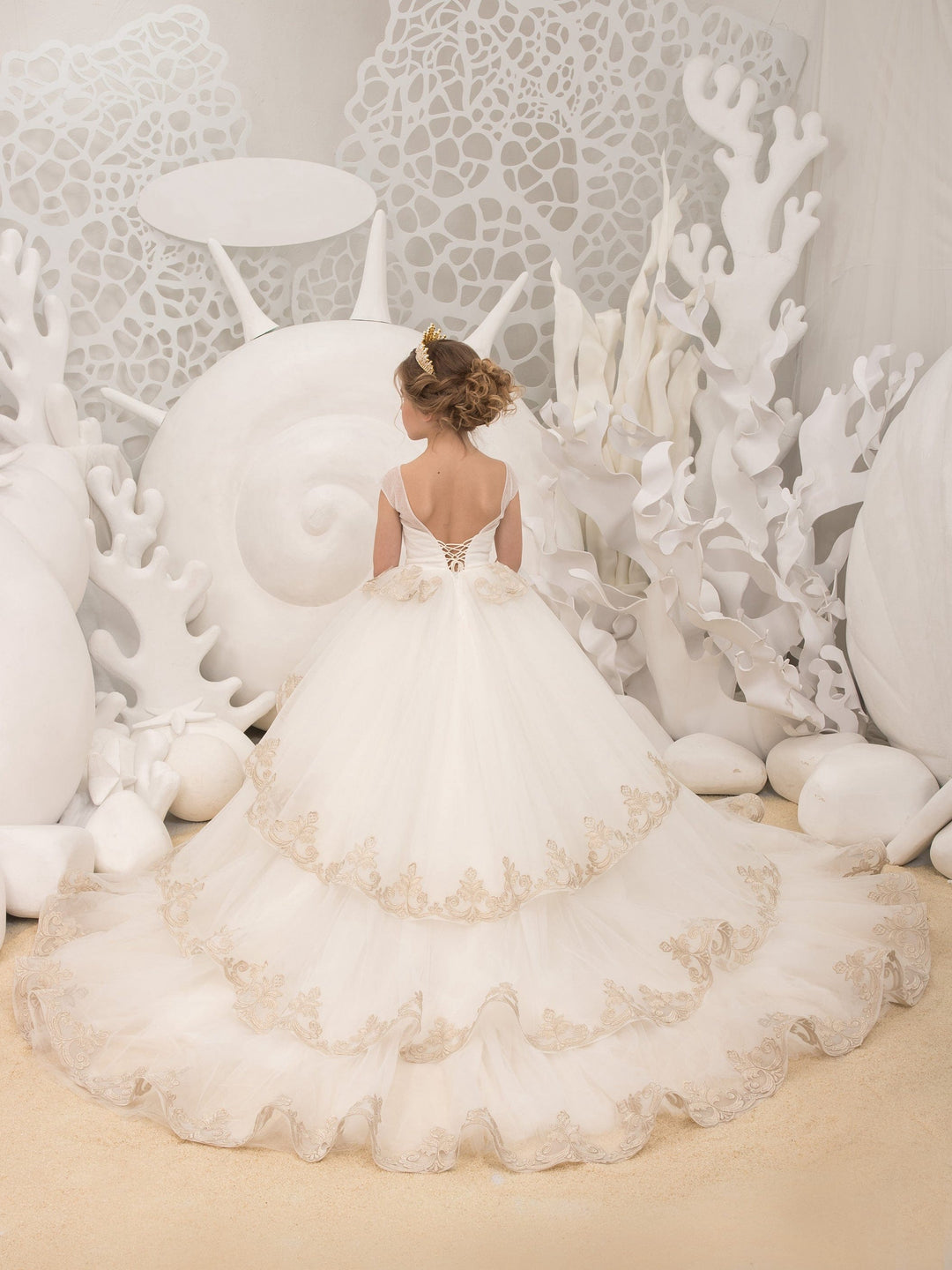 Sunnpetal White Multi-Layered Gold Embroidered Tulle Flower Girl Dress with Train