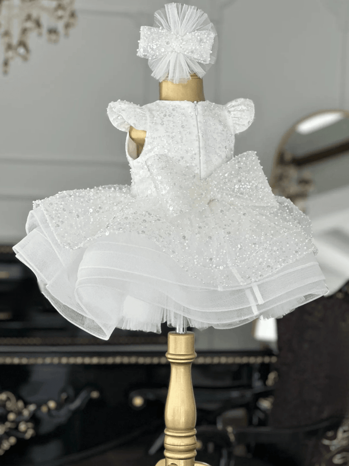 Sunnprtal Elegant White Sequin Satin & Tulle Wedding Flower Girl Dress