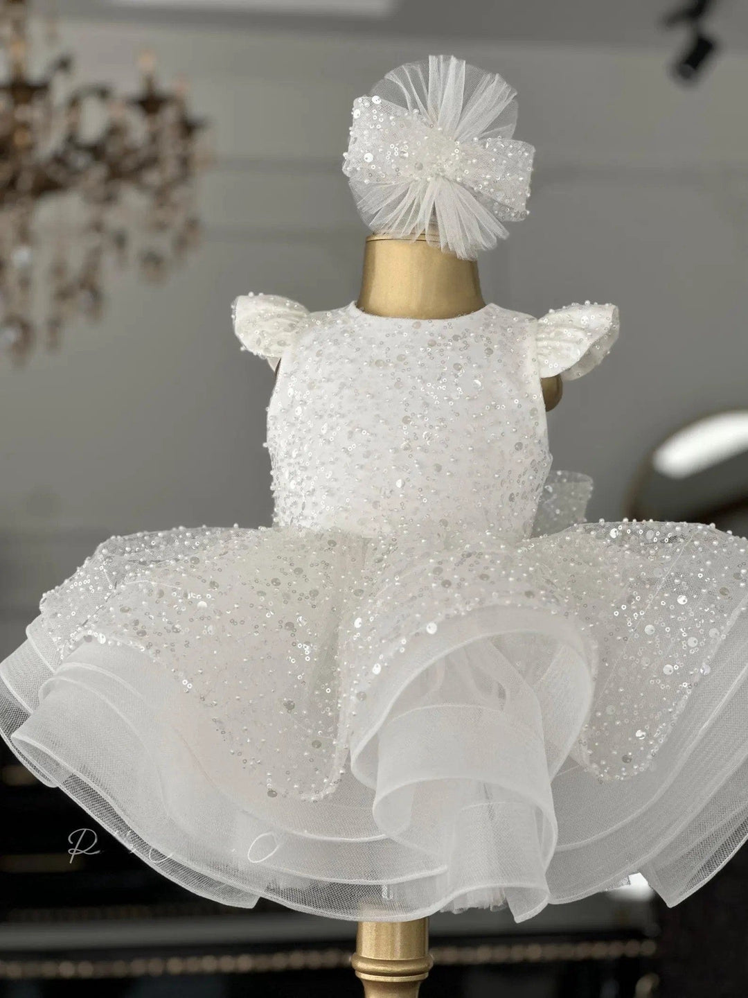 Sunnprtal Elegant White Sequin Satin & Tulle Wedding Flower Girl Dress