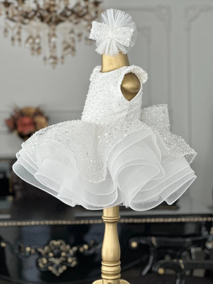 Sunnprtal Elegant White Sequin Satin & Tulle Wedding Flower Girl Dress