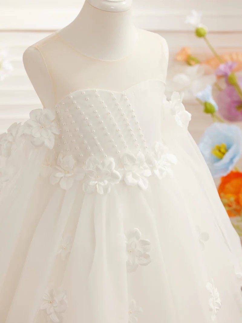 Sunnypetal 3D Flower Princess Ball Gown Off-Shoulder Long Sleeves Girl Birthday Pageant Dresses