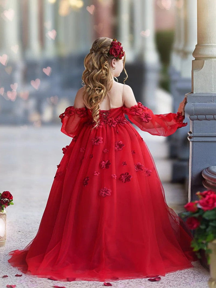 Sunnypetal 3D Flower Princess Ball Gown Off-Shoulder Long Sleeves Girl Birthday Pageant Dresses