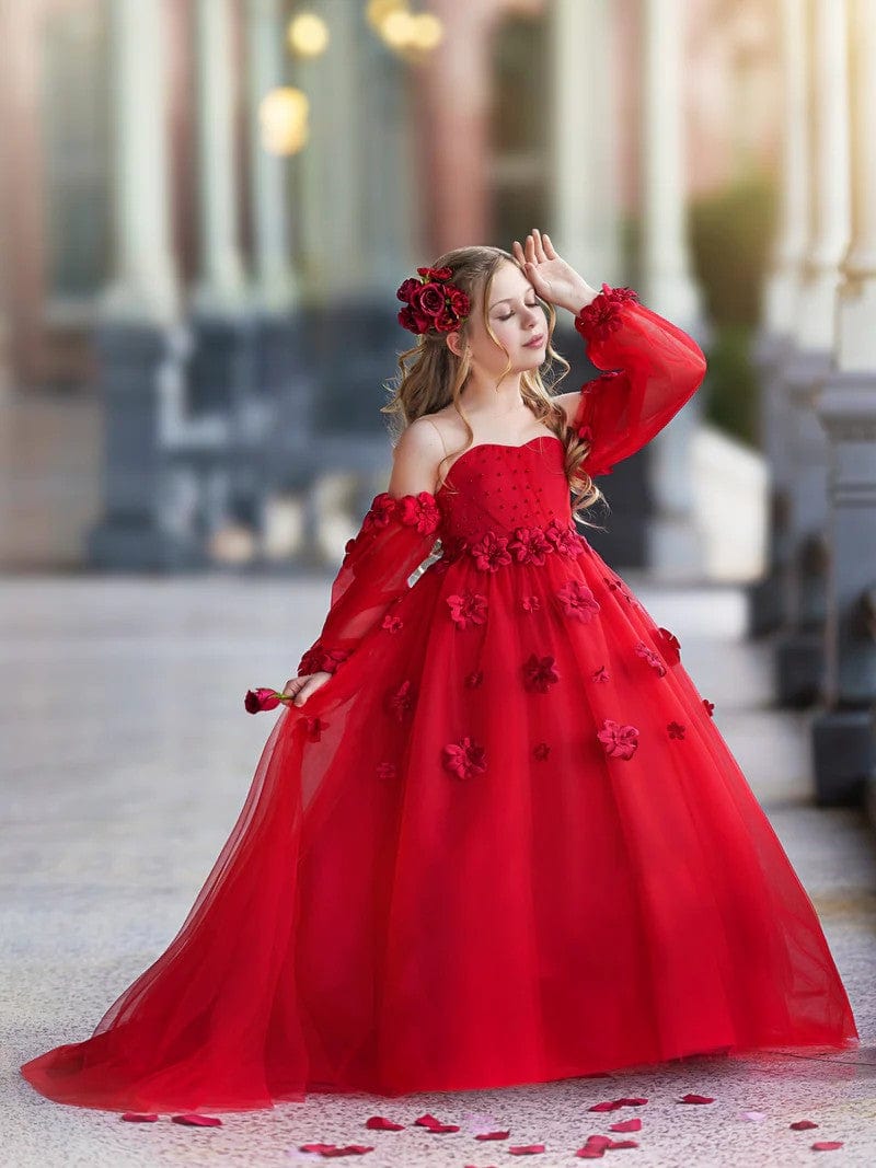Sunnypetal 3D Flower Princess Ball Gown Off-Shoulder Long Sleeves Girl Birthday Pageant Dresses