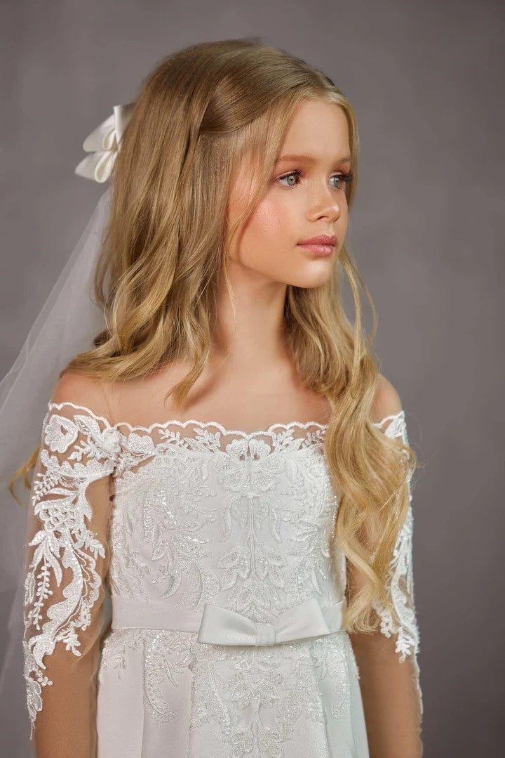 Sunnypetal A-Line Off-The-Shoulder Floral Appliques Sequins Satin Flower Girl Dresses