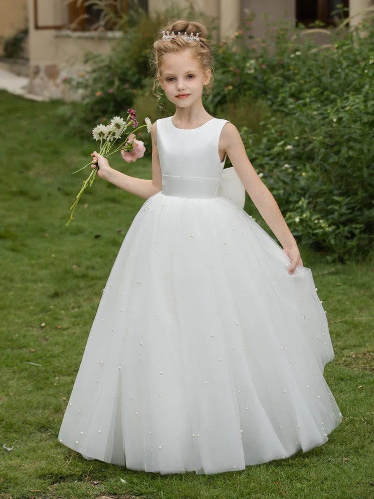 Sunnypetal A-Line Pearl Beads Flower Girls Dress Sleeveless Puffy Tulle  with Bow