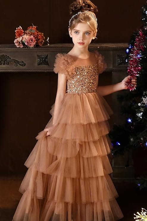 Sunnypetal A-Line Ruffles Sleeves Sequins Puffy Tulle Flower Girl Dresses Pageant Dress
