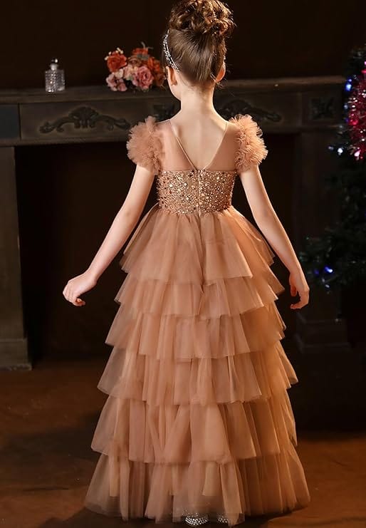 Sunnypetal A-Line Ruffles Sleeves Sequins Puffy Tulle Flower Girl Dresses Pageant Dress
