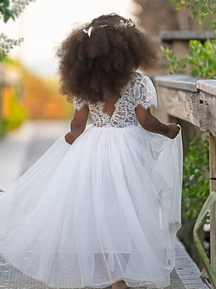 Sunnypetal A-Line V Back Short Sleeves Lace Tulle Ankle-Length Boho Flower Girl Dresses