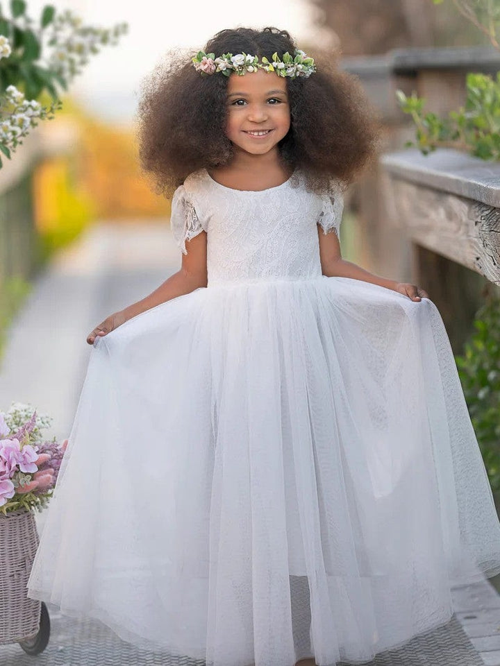 Sunnypetal A-Line V Back Short Sleeves Lace Tulle Ankle-Length Boho Flower Girl Dresses