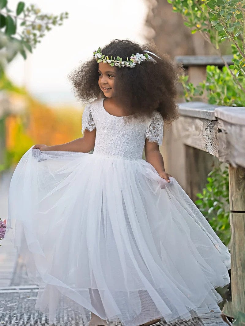 Sunnypetal A-Line V Back Short Sleeves Lace Tulle Ankle-Length Boho Flower Girl Dresses