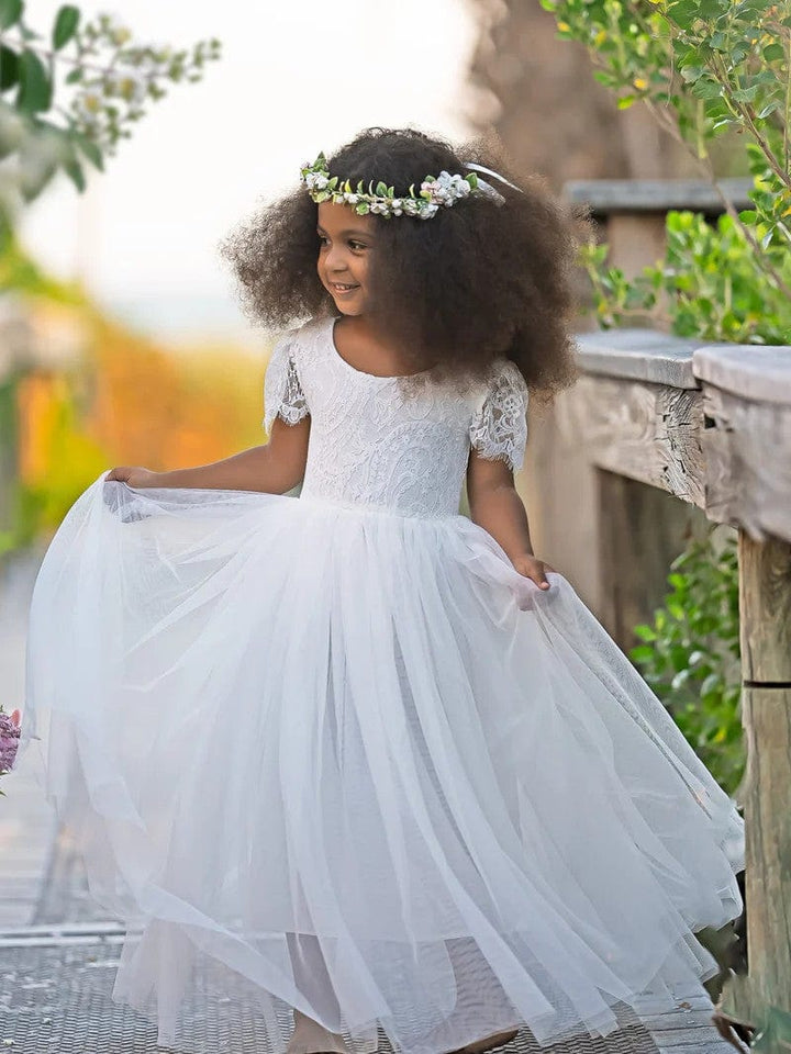 Sunnypetal A-Line V Back Short Sleeves Lace Tulle Ankle-Length Boho Flower Girl Dresses
