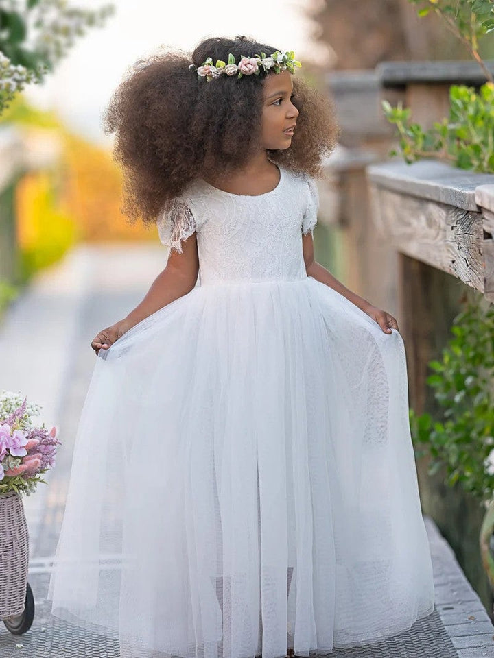 Sunnypetal A-Line V Back Short Sleeves Lace Tulle Ankle-Length Boho Flower Girl Dresses