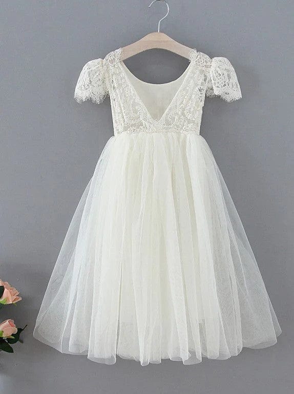 Sunnypetal A-Line V Back Short Sleeves Lace Tulle Ankle-Length Boho Flower Girl Dresses