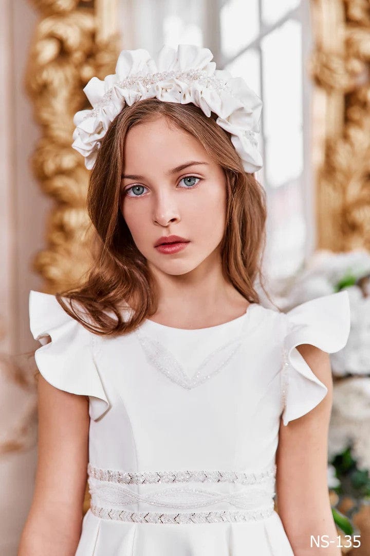 Sunnypetal A-Line White Flared Sleeves Beading Long Satin Communion Dress