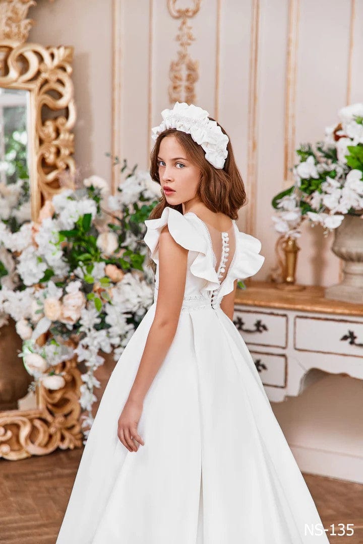 Sunnypetal A-Line White Flared Sleeves Beading Long Satin Communion Dress