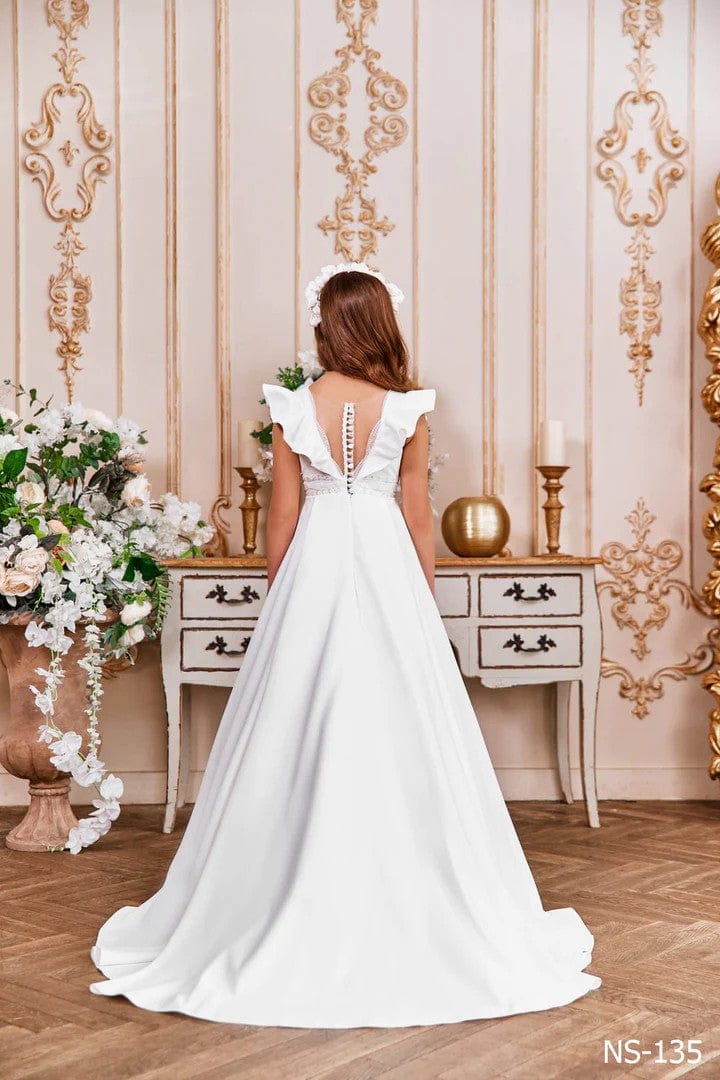 Sunnypetal A-Line White Flared Sleeves Beading Long Satin Communion Dress