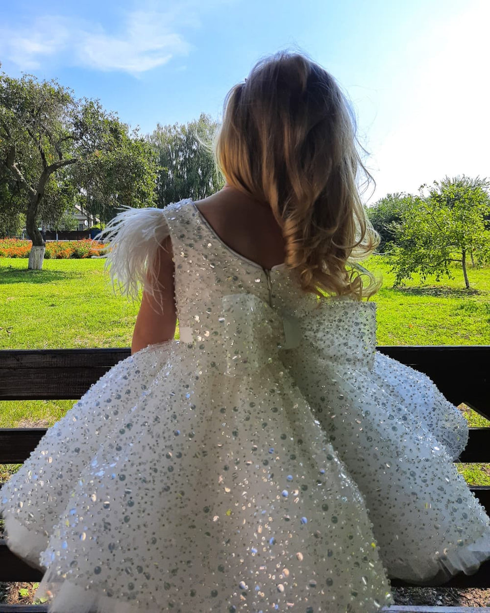 Sunnypetal Adorable Knee-Length Ball Gown Puff Sleeves Sequins Bow Baby Toddler Girl Dress