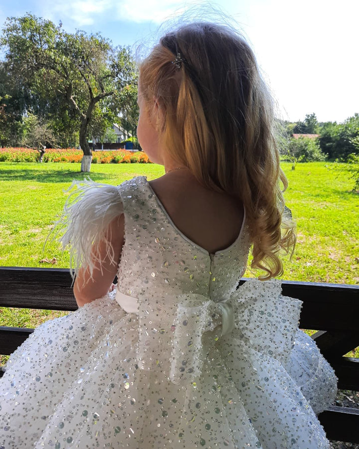 Sunnypetal Adorable Knee-Length Ball Gown Puff Sleeves Sequins Bow Baby Toddler Girl Dress