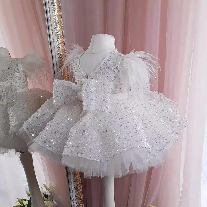 Sunnypetal Adorable Knee-Length Ball Gown Puff Sleeves Sequins Bow Baby Toddler Girl Dress