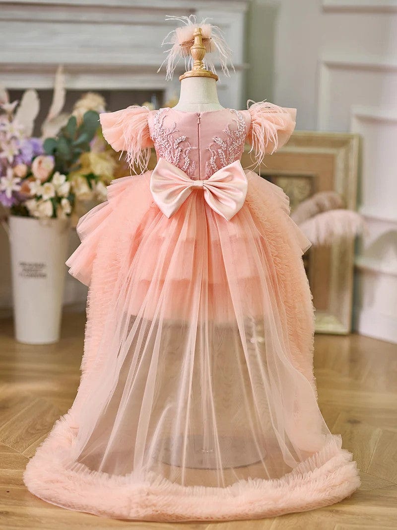 Sunnypetal Asymmetrical Ruffles Tulle Baby Girl Birthday Dress with Detachable Train