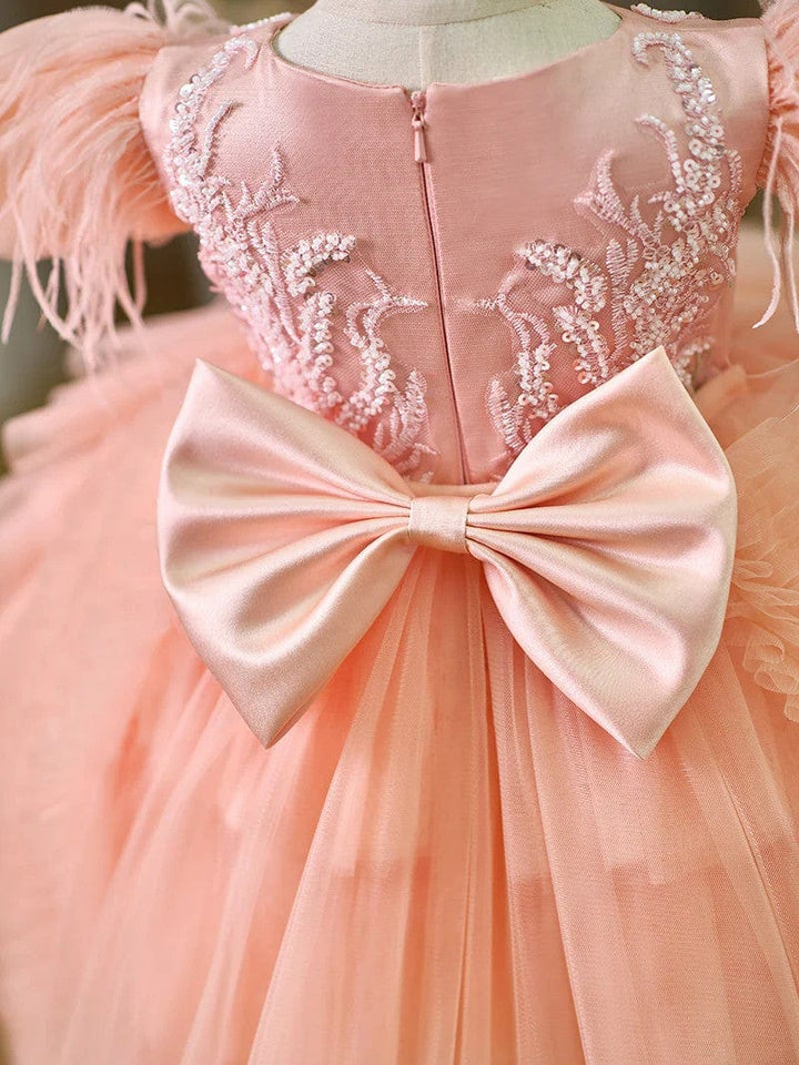 Sunnypetal Asymmetrical Ruffles Tulle Baby Girl Birthday Dress with Detachable Train