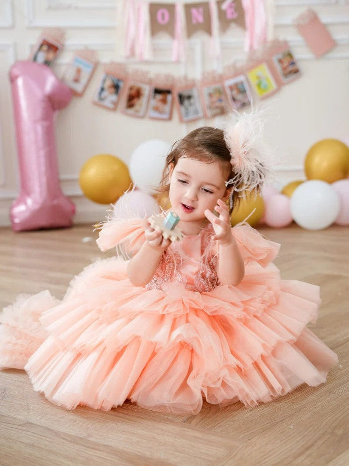 Sunnypetal Asymmetrical Ruffles Tulle Baby Girl Birthday Dress with Detachable Train