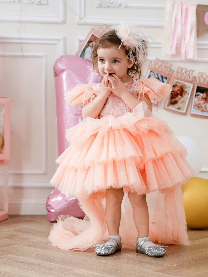 Sunnypetal Asymmetrical Ruffles Tulle Baby Girl Birthday Dress with Detachable Train