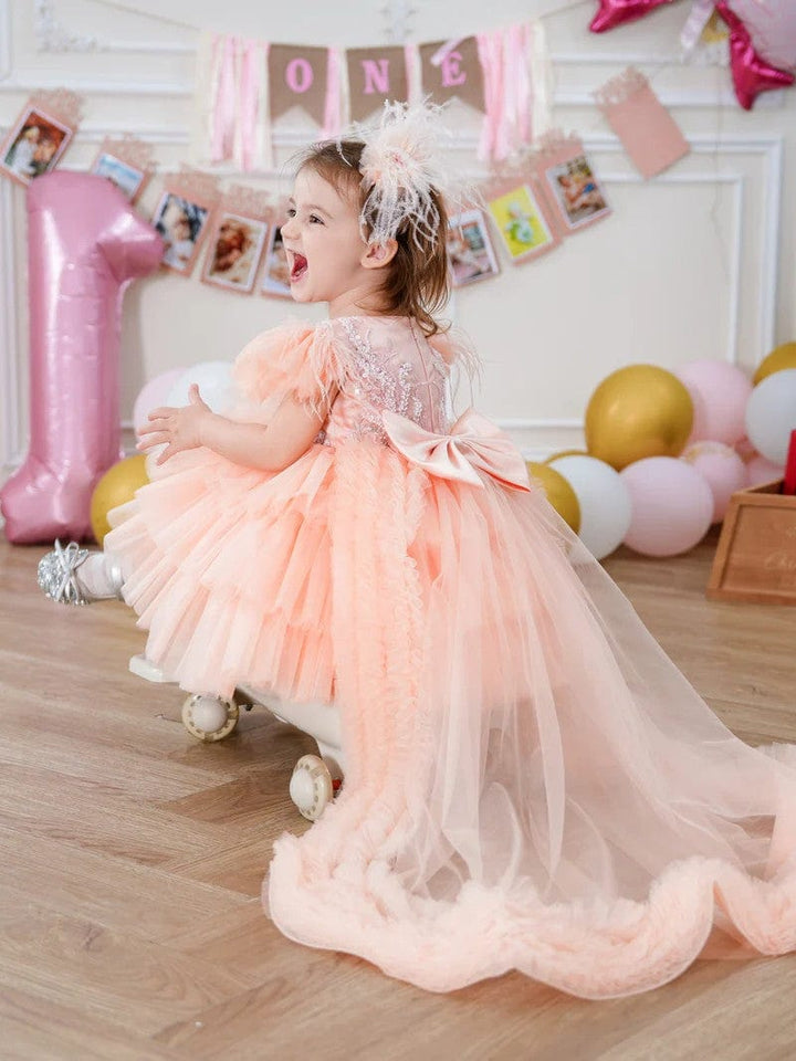 Sunnypetal Asymmetrical Ruffles Tulle Baby Girl Birthday Dress with Detachable Train