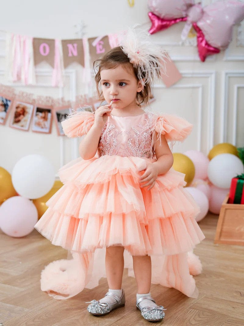 Sunnypetal Asymmetrical Ruffles Tulle Baby Girl Birthday Dress with Detachable Train
