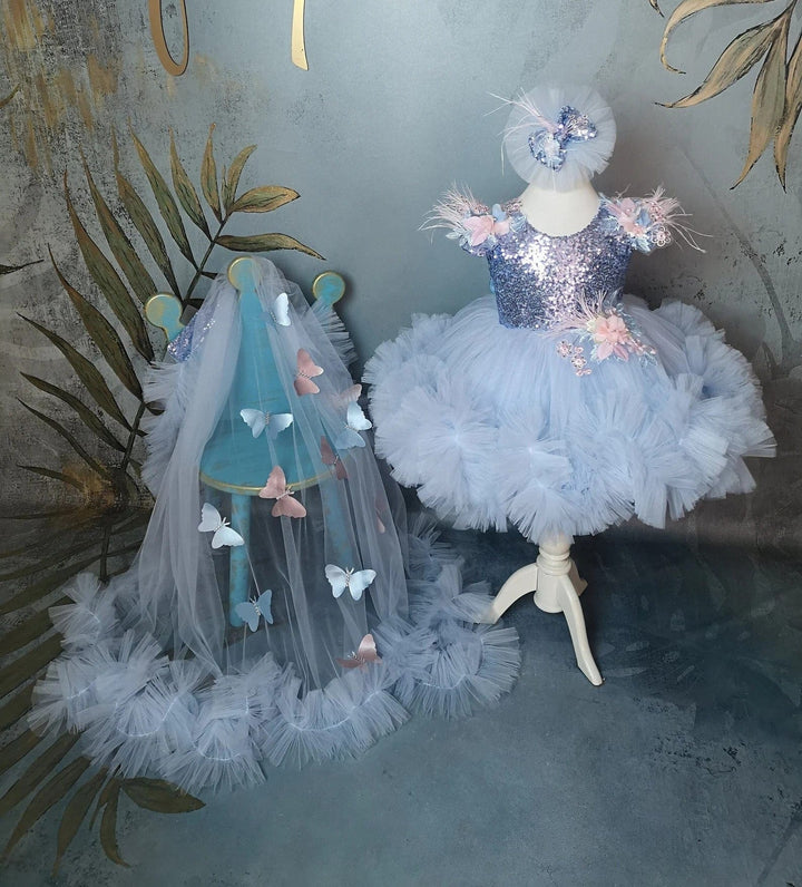 Sunnypetal Baby Blue Feather Sleeve Tulle Flower girl Dress with 3D Butterfly Train