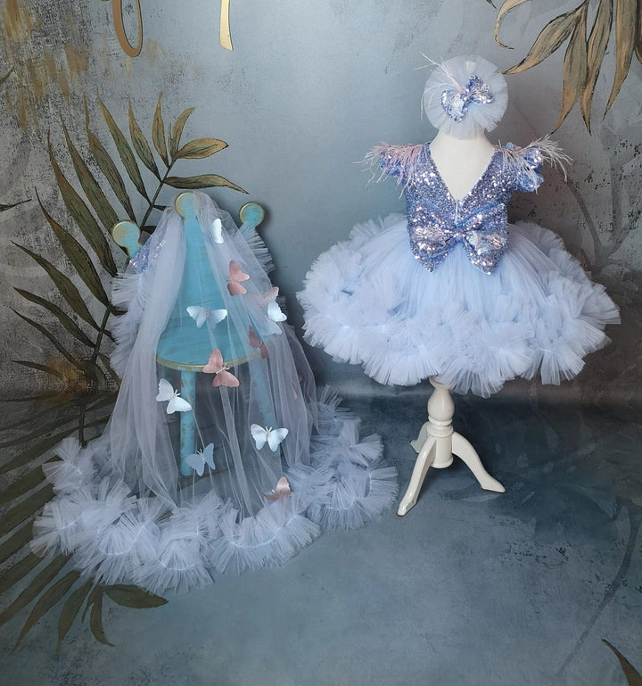 Sunnypetal Baby Blue Feather Sleeve Tulle Flower girl Dress with 3D Butterfly Train