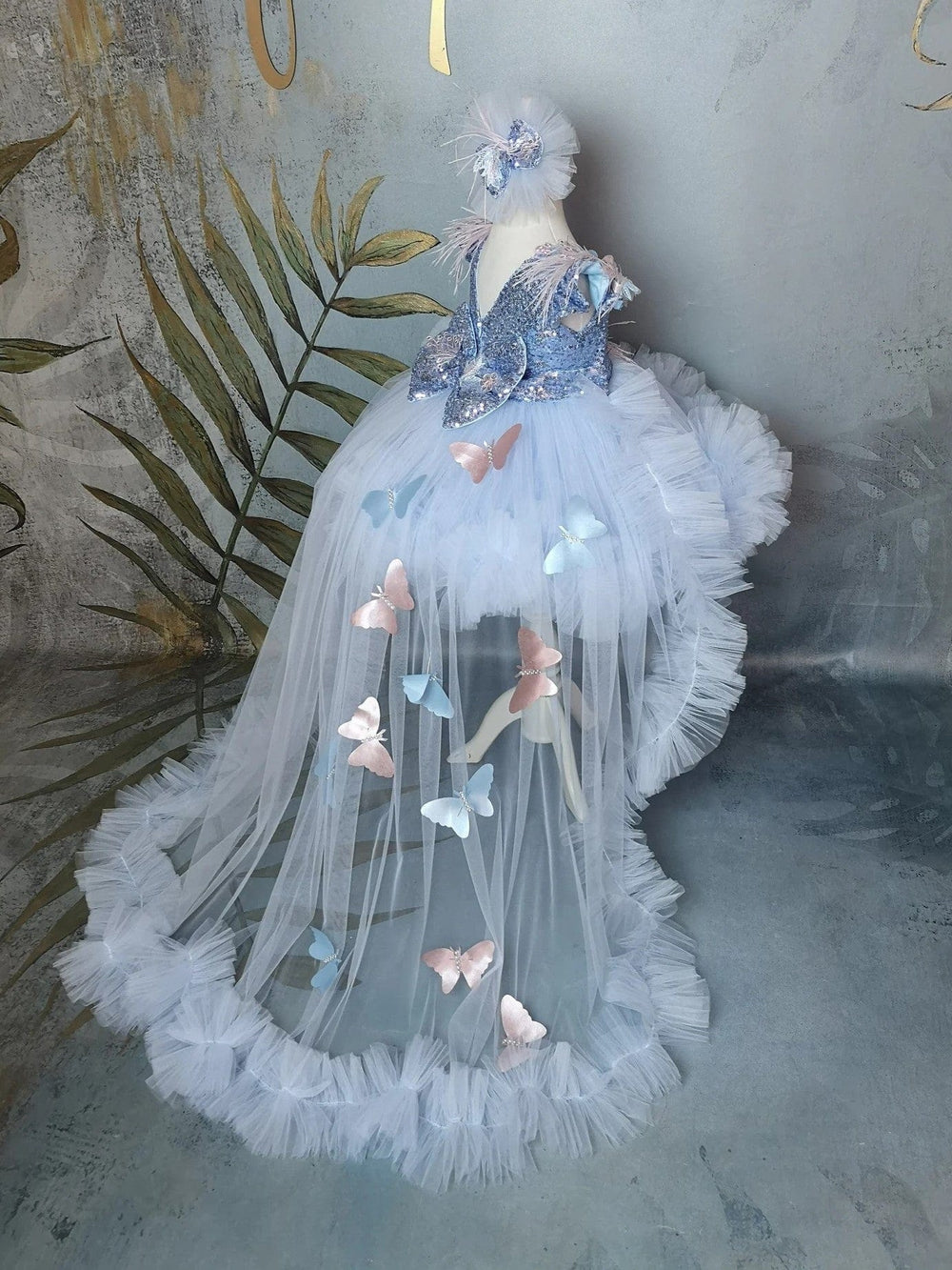 Sunnypetal Baby Blue Feather Sleeve Tulle Flower girl Dress with 3D Butterfly Train