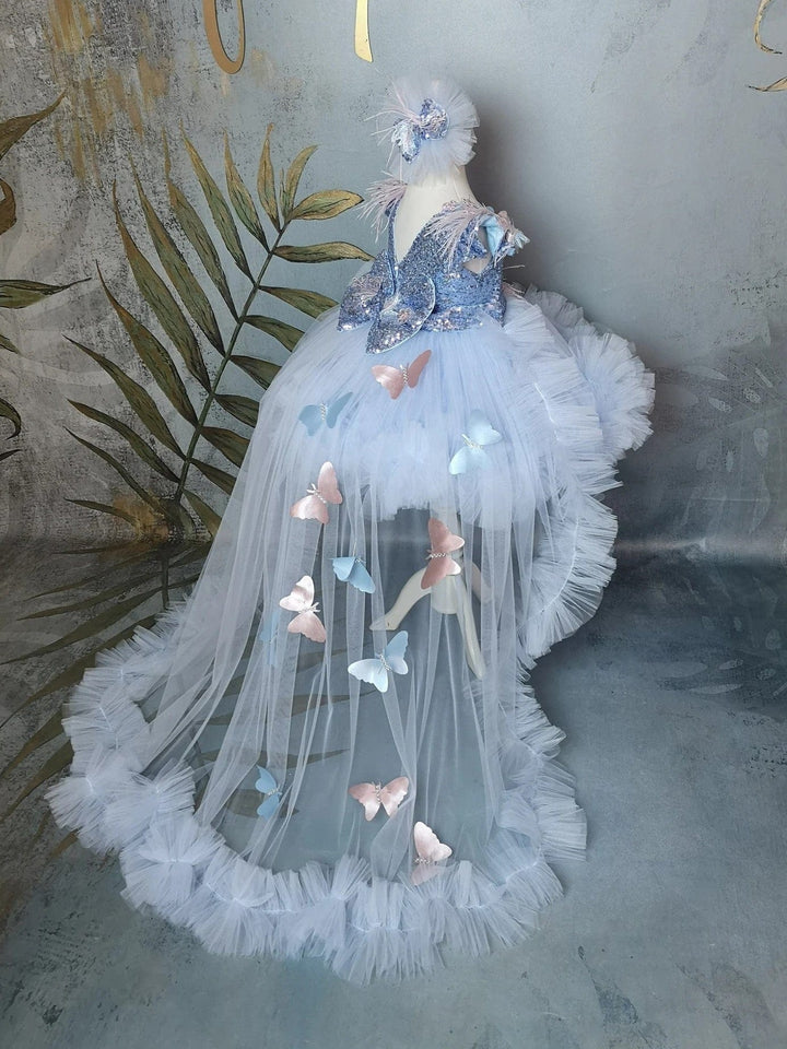 Sunnypetal Baby Blue Feather Sleeve Tulle Flower girl Dress with 3D Butterfly Train