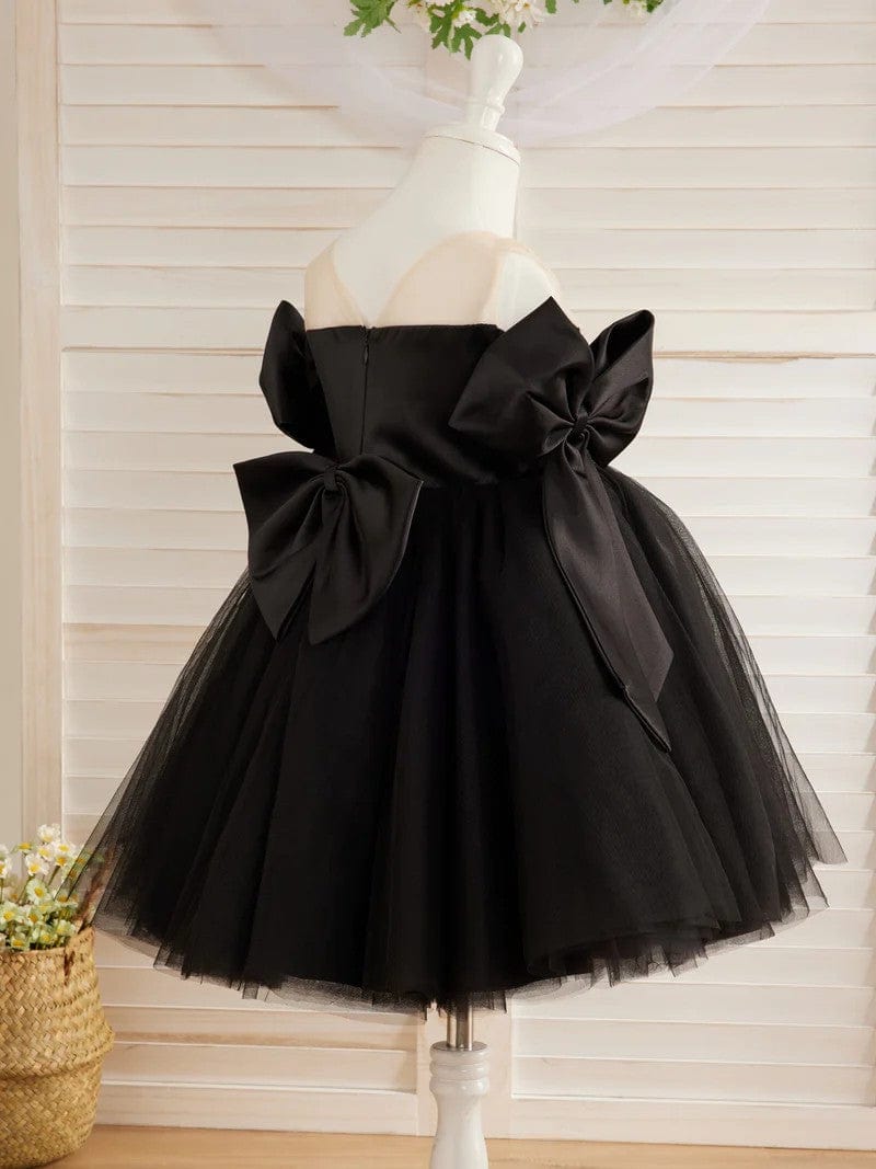 Sunnypetal Back Off-Shoulder Bows Knee-Length Tulle Flower Girl Dresses for Wedding