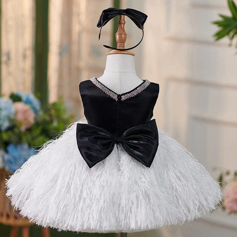 Sunnypetal Balck Sleeveless Satin Feathers Tulle Knee-Length Sleeveless Baby Birthday Dress