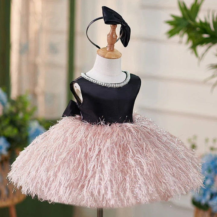 Sunnypetal Balck Sleeveless Satin Feathers Tulle Knee-Length Sleeveless Baby Birthday Dress