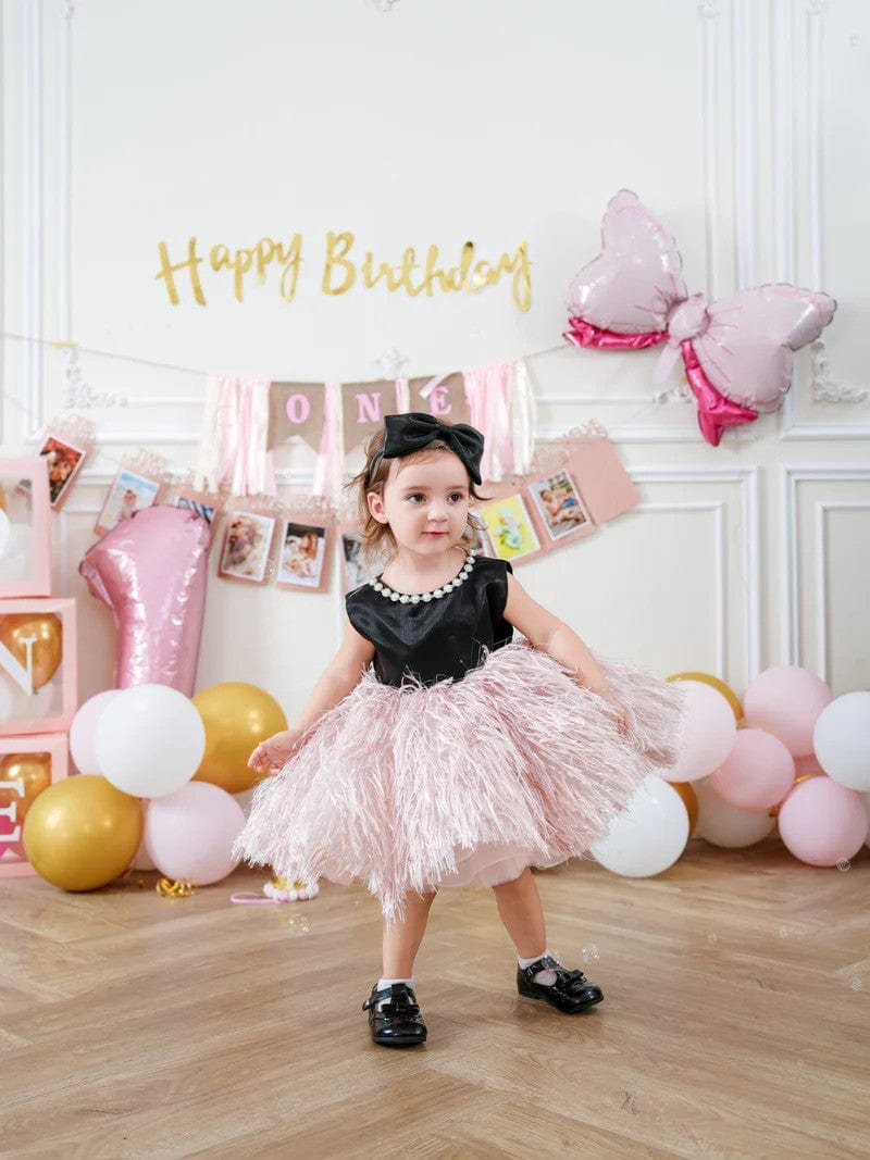 Sunnypetal Balck Sleeveless Satin Feathers Tulle Knee-Length Sleeveless Baby Birthday Dress