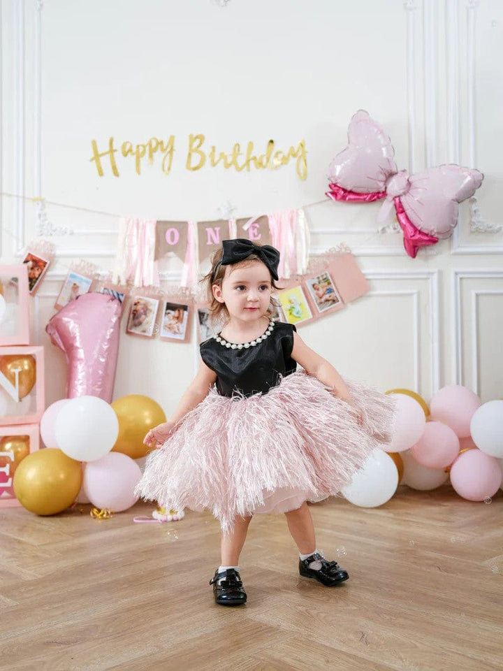 Sunnypetal Balck Sleeveless Satin Feathers Tulle Knee-Length Sleeveless Baby Birthday Dress