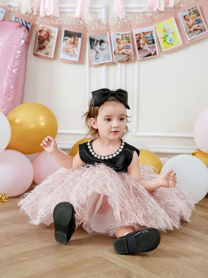Sunnypetal Balck Sleeveless Satin Feathers Tulle Knee-Length Sleeveless Baby Birthday Dress