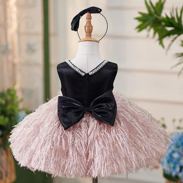 Sunnypetal Balck Sleeveless Satin Feathers Tulle Knee-Length Sleeveless Baby Birthday Dress