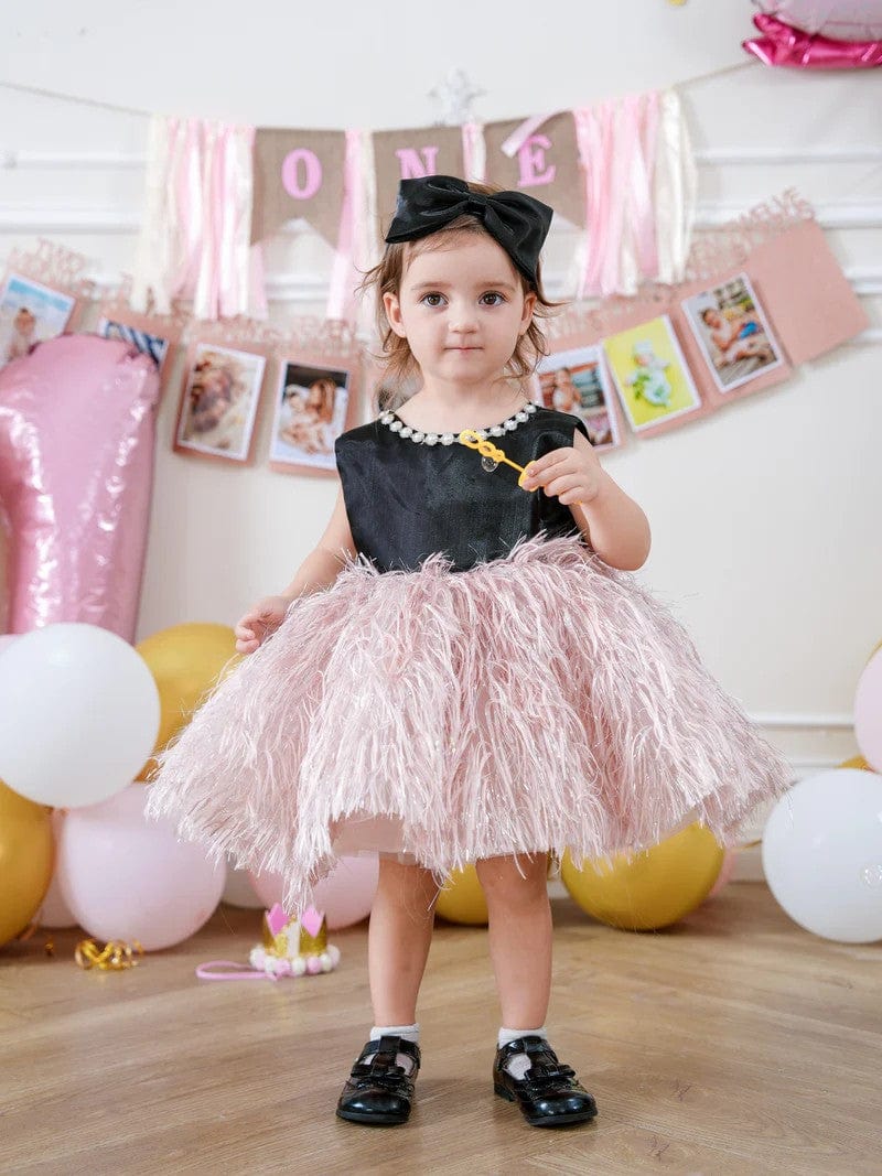 Sunnypetal Balck Sleeveless Satin Feathers Tulle Knee-Length Sleeveless Baby Birthday Dress