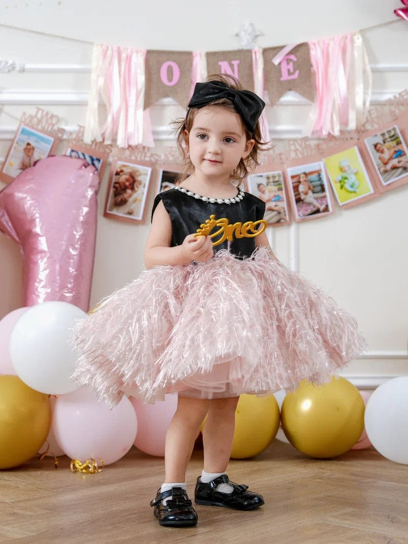 Sunnypetal Balck Sleeveless Satin Feathers Tulle Knee-Length Sleeveless Baby Birthday Dress