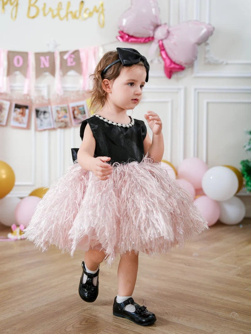 Sunnypetal Balck Sleeveless Satin Feathers Tulle Knee-Length Sleeveless Baby Birthday Dress