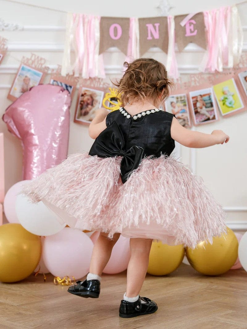 Sunnypetal Balck Sleeveless Satin Feathers Tulle Knee-Length Sleeveless Baby Birthday Dress