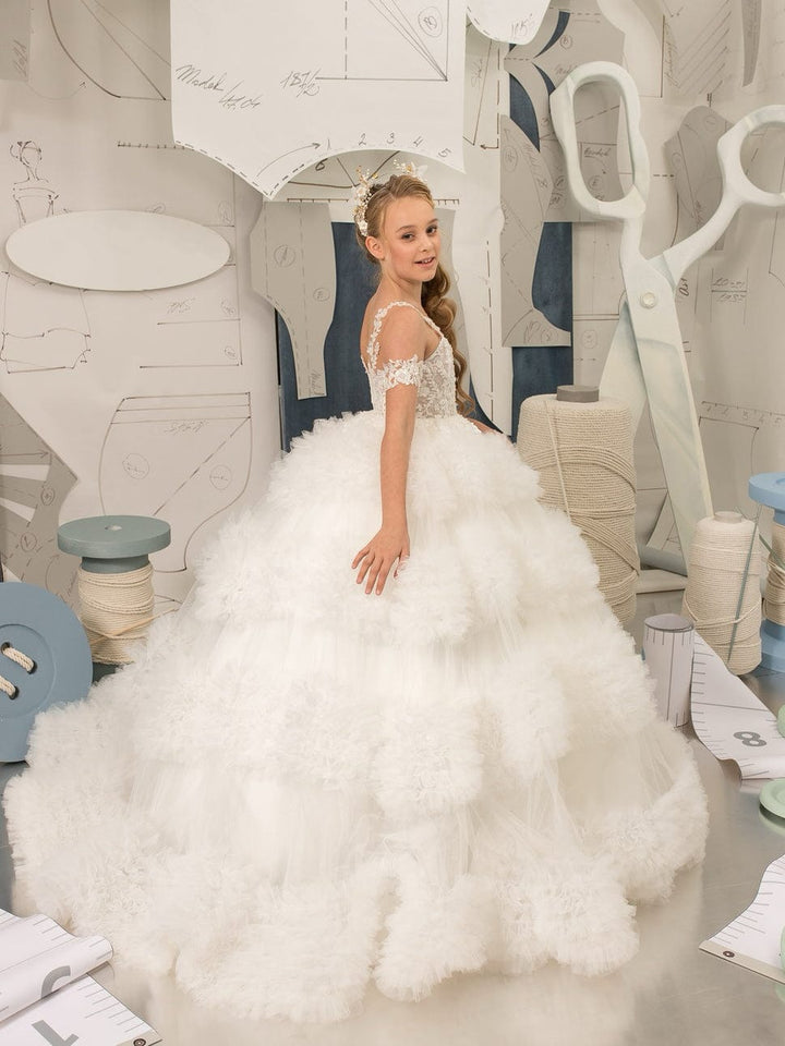 Sunnypetal Ball Gown Floral Appliques Puffy Tulle Flower Girl Dresses for Wedding