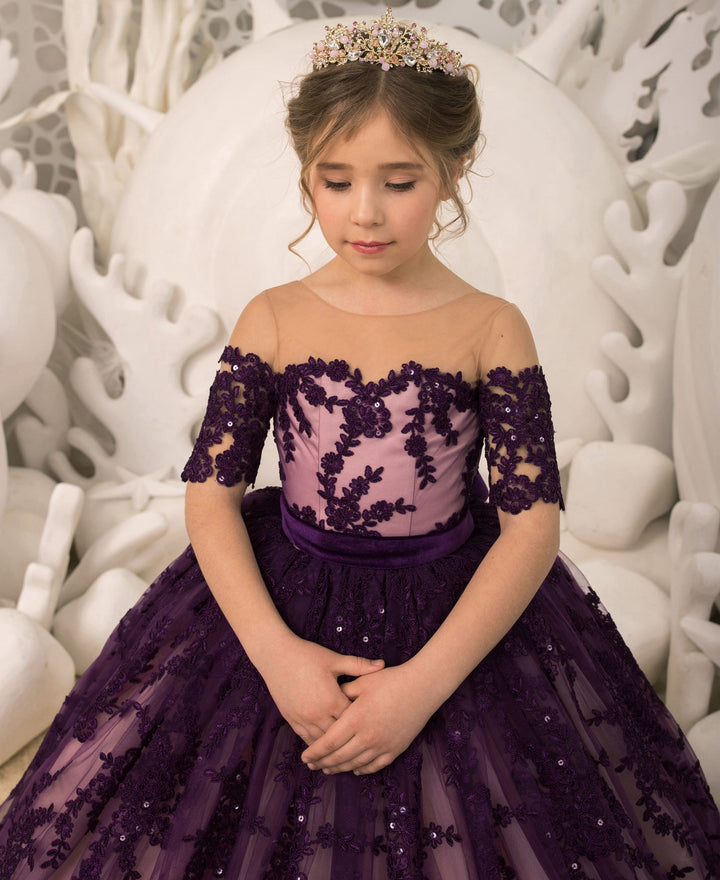 Sunnypetal Ball-Gown Off-The-Shoulder Flower Girl Dresses Half Sleeves Floral Appliques Sequins Tulle Dress