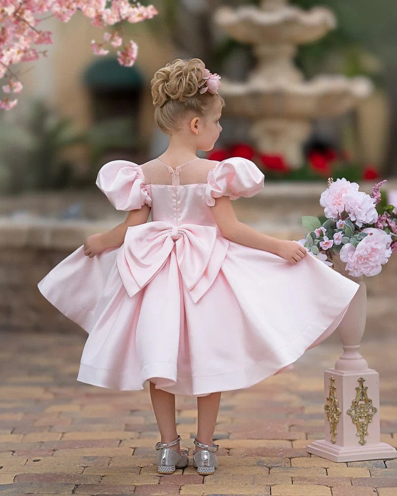 Sunnypetal Ball-Gown Puff Sleeves Satin Knee-Length Flower Girl Dress with Bow