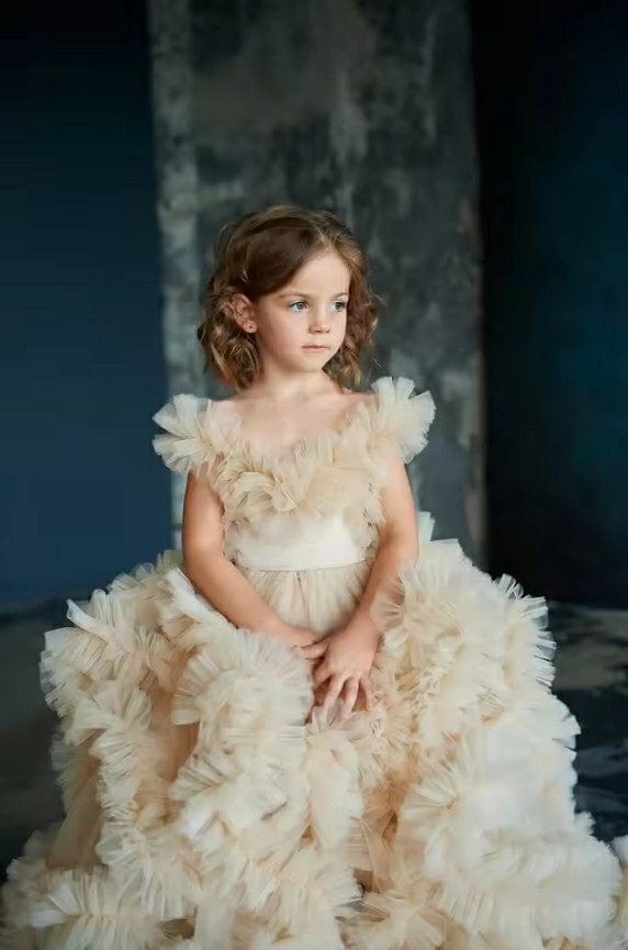 Sunnypetal Ball Gown Puffy Tulle Flower Girl Dresses Long Ruffles Princess Pageant Formal Dress
