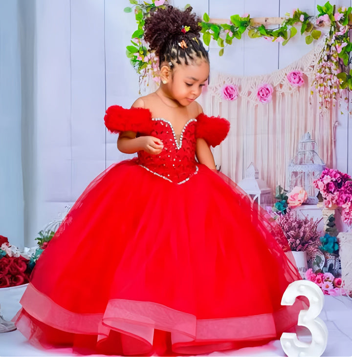 Sunnypetal Ball Gown Red Kids Birthday Pleated Ruffles Tiered Tulle Flower Girl Dresses